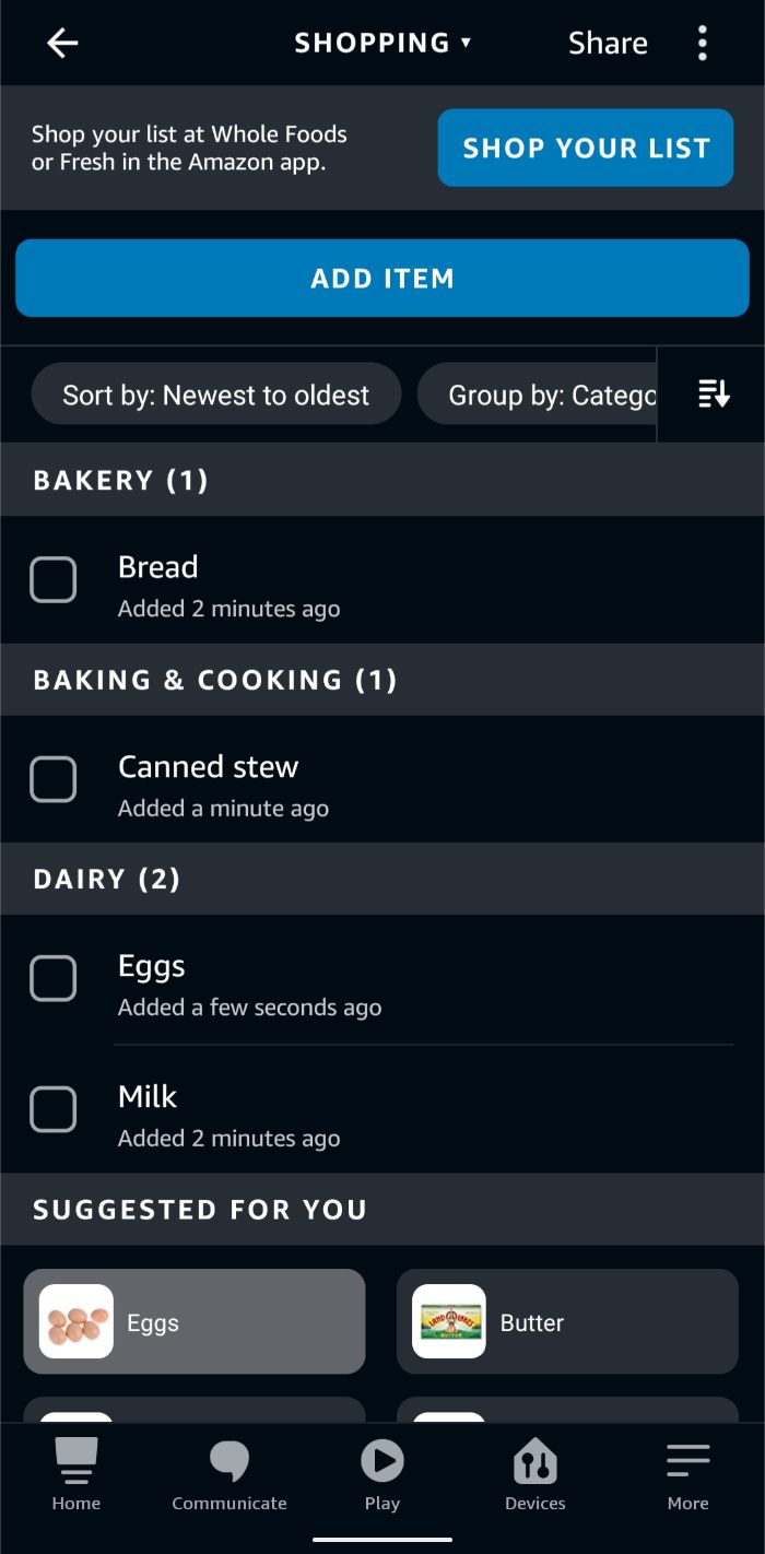 Amazon Alexa shopping list