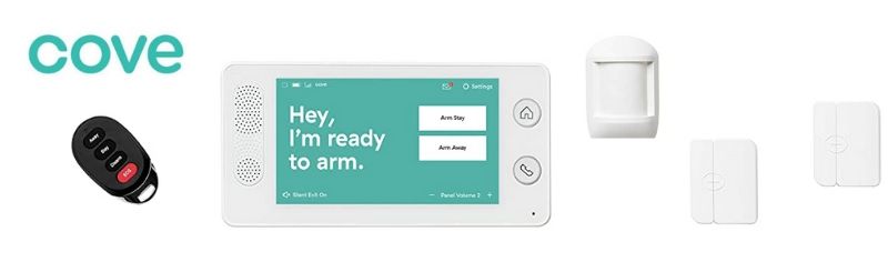 Shows a line-up of equipment found in a Cove home security system, including a key fob, control panel, motion sensor, and two contact sensors.