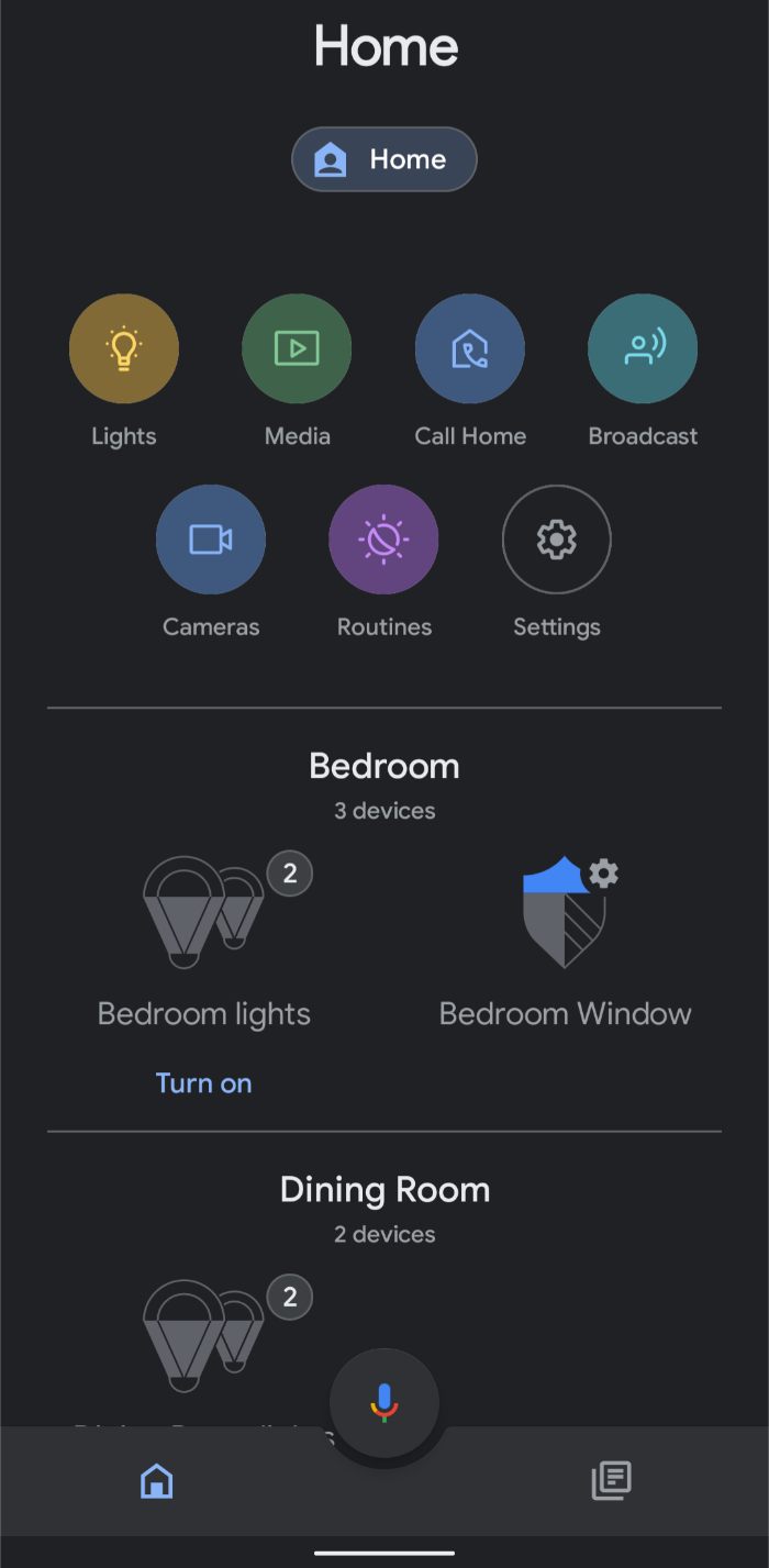 Google Home app smart device list